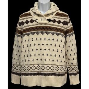 CHAPS Ralph Lauren Women Sweater XL THICK Ivory Shawl Collar Fair Isle Toggle‎
